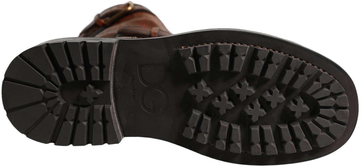 Dolce & Gabbana Brown Leather Mid Calf Biker Boots Shoes