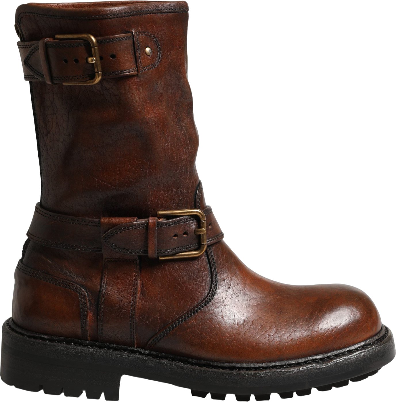 Dolce & Gabbana Brown Leather Mid Calf Biker Boots Shoes