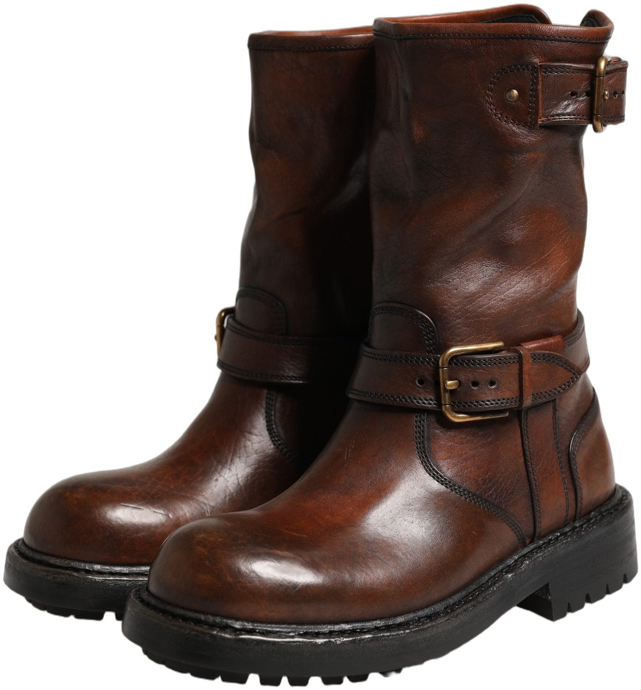 Dolce & Gabbana Brown Leather Mid Calf Biker Boots Shoes