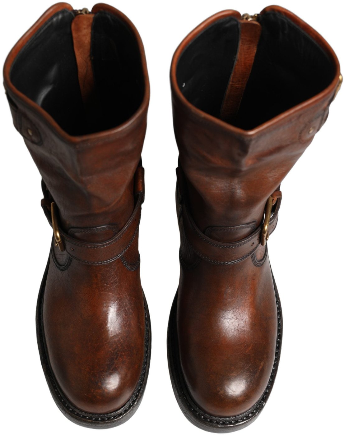 Dolce & Gabbana Brown Leather Mid Calf Biker Boots Shoes