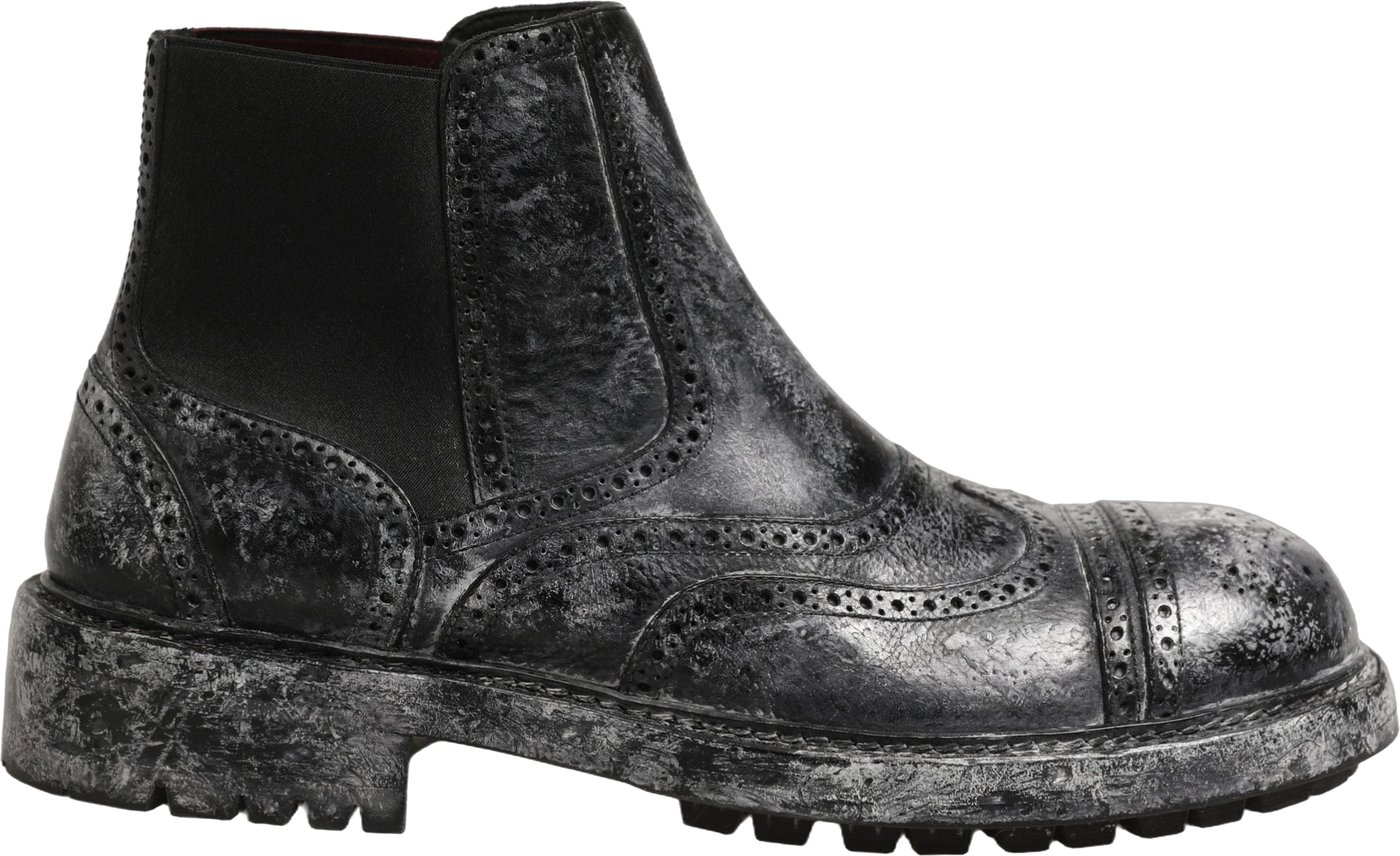 Dolce & Gabbana Black Gray Leather Ankle Chelsea Boots Shoes