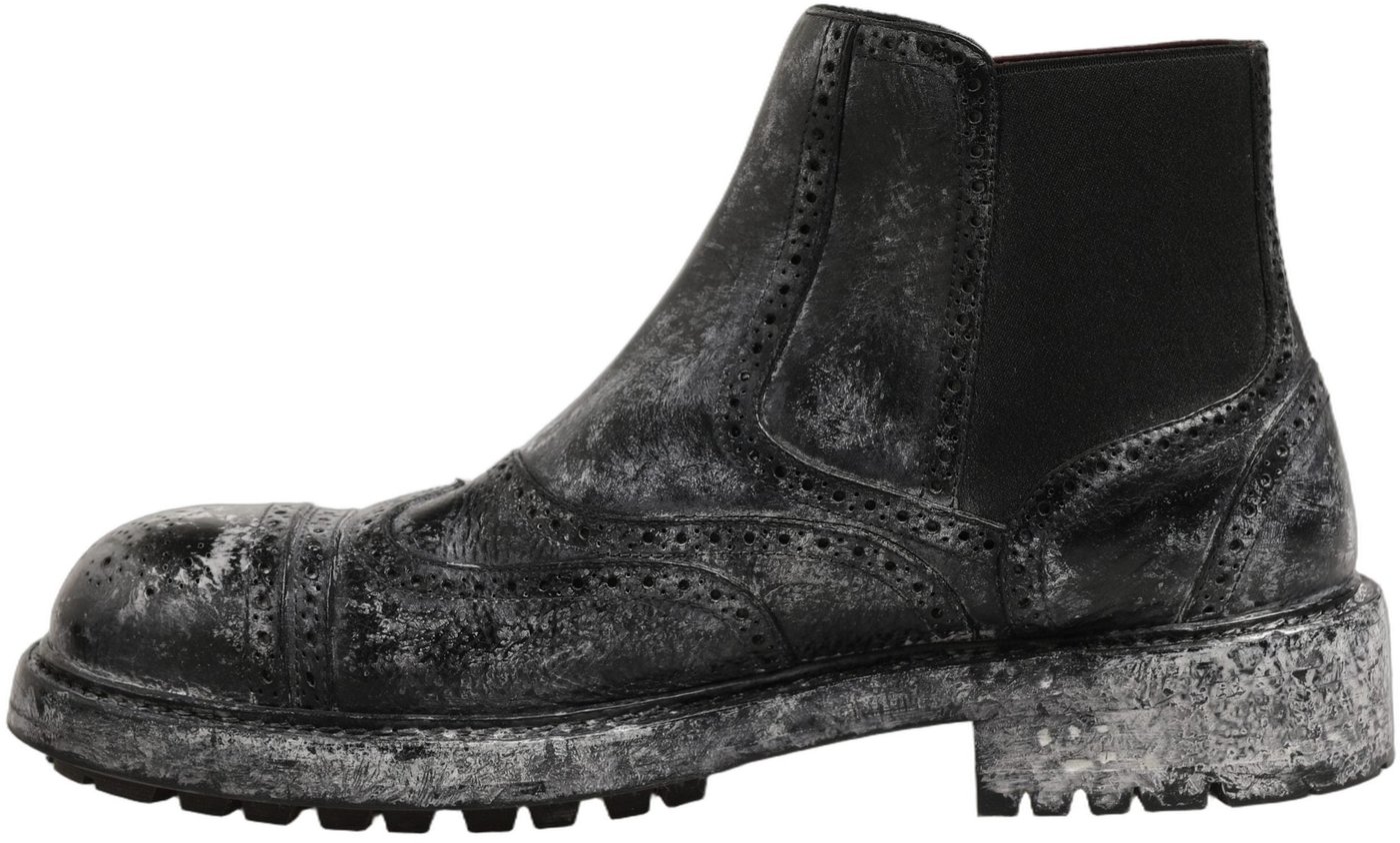 Dolce & Gabbana Black Gray Leather Ankle Chelsea Boots Shoes