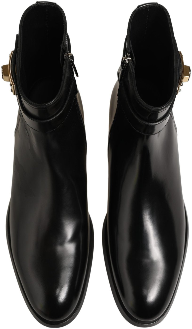 Dolce & Gabbana Black Leather Buckle Mid Calf Boots Shoes