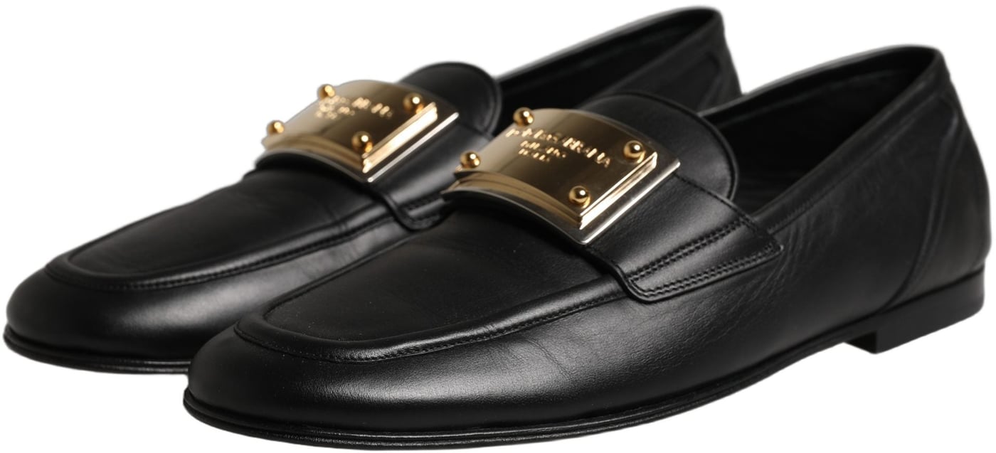 Dolce & Gabbana Black Leather Logo Plaque Loafers Men Shoes