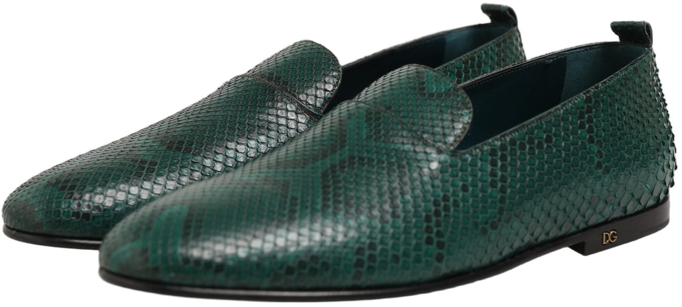 Dolce & Gabbana Dark Green Embossed Leather Loafers Shoes