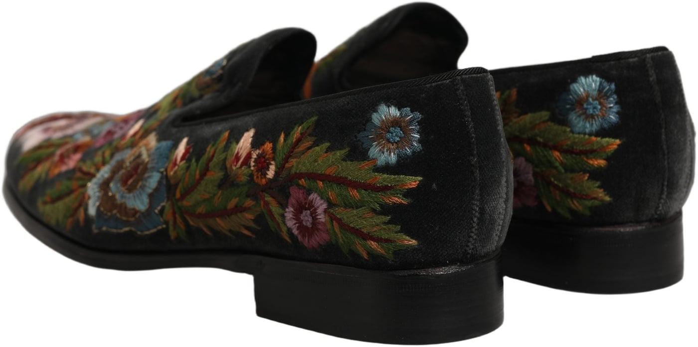 Dolce & Gabbana Black Velvet Floral Embroidery Loafers Shoes