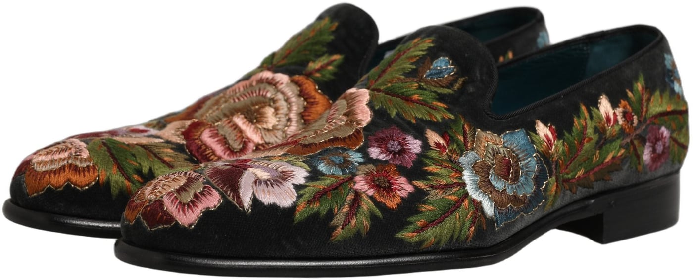 Dolce & Gabbana Black Velvet Floral Embroidery Loafers Shoes