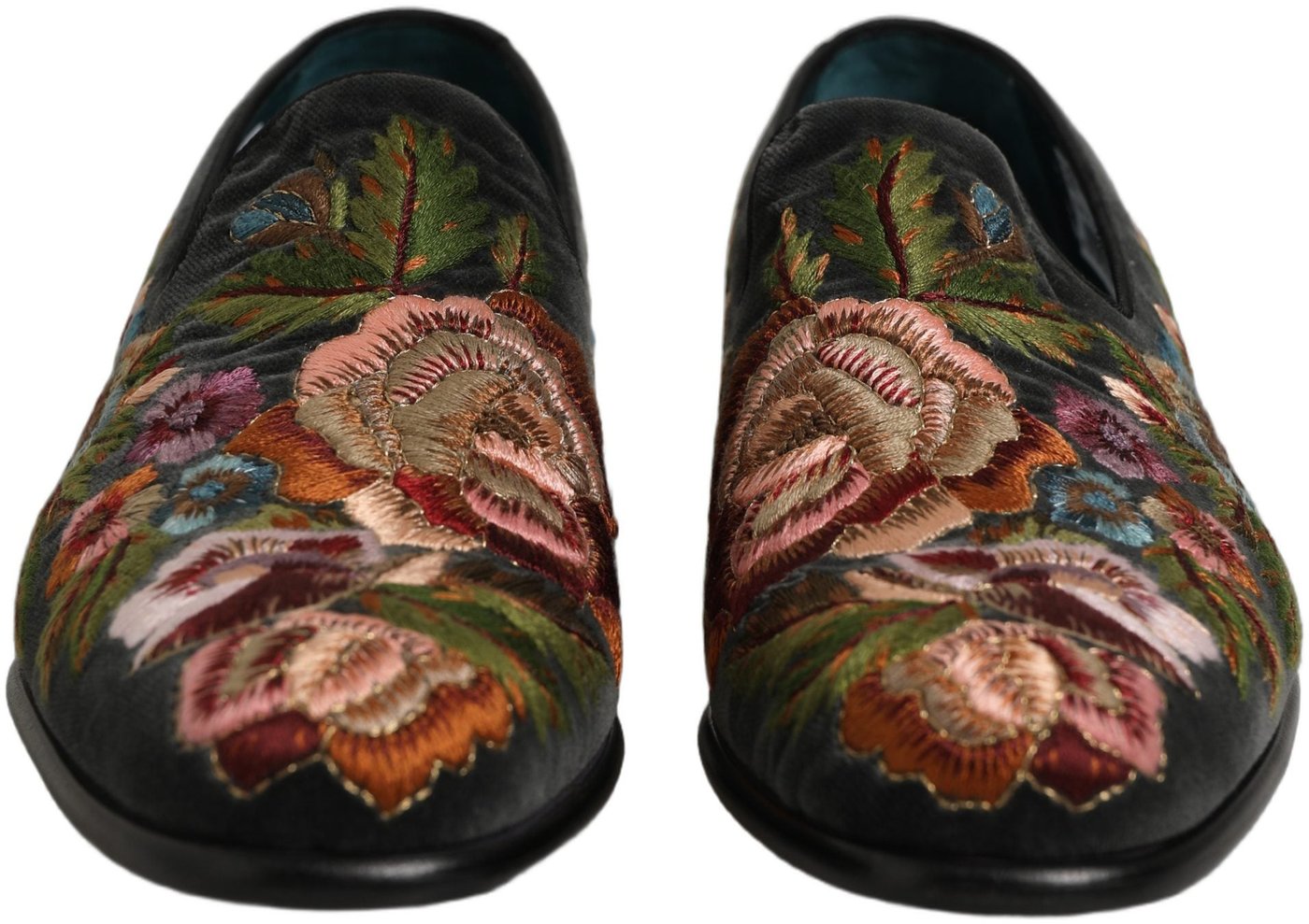 Dolce & Gabbana Black Velvet Floral Embroidery Loafers Shoes