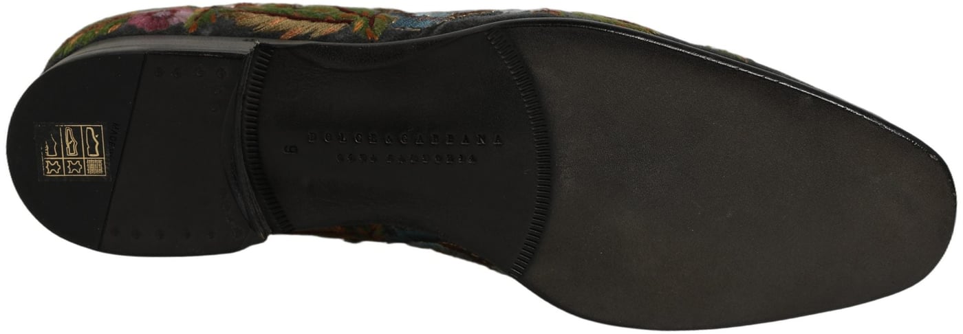 Dolce & Gabbana Black Velvet Floral Embroidery Loafers Shoes