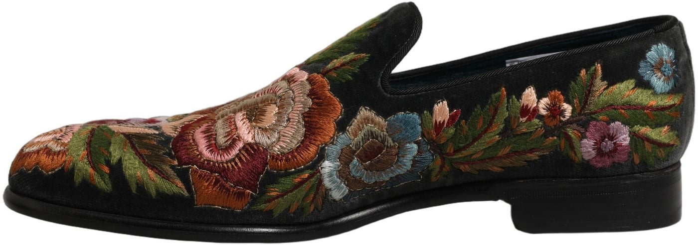 Dolce & Gabbana Black Velvet Floral Embroidery Loafers Shoes