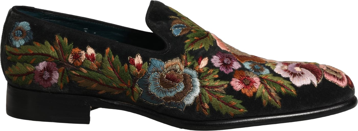 Dolce & Gabbana Black Velvet Floral Embroidery Loafers Shoes