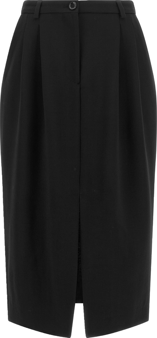 Tailored Front Slit Pleated Waistband Midi Skirt