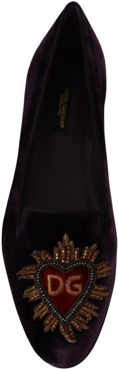 Dolce & Gabbana Purple Velvet DG Heart Loafers Flats Shoes
