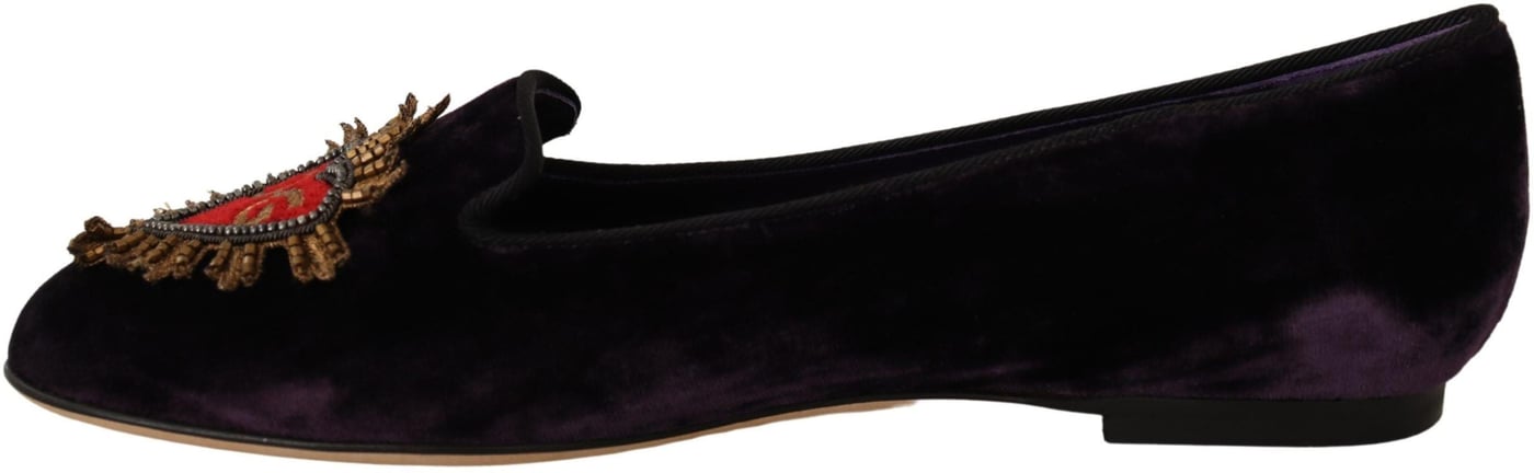Dolce & Gabbana Purple Velvet DG Heart Loafers Flats Shoes