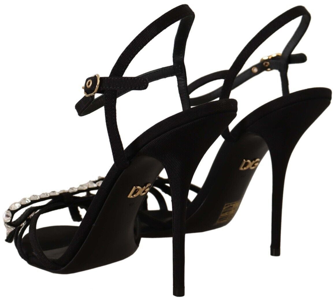 Dolce & Gabbana Black Crystals Ankle Strap Heels Sandals Shoes