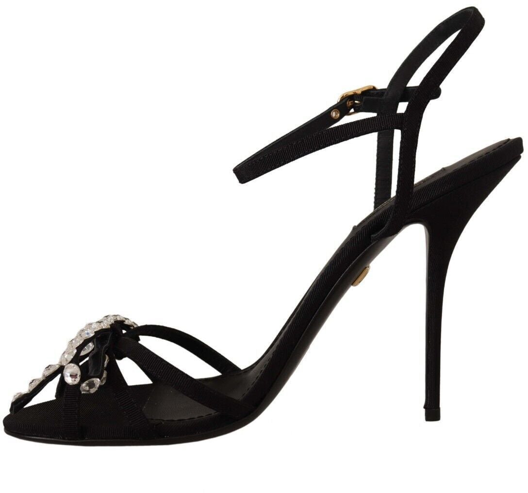 Dolce & Gabbana Black Crystals Ankle Strap Heels Sandals Shoes