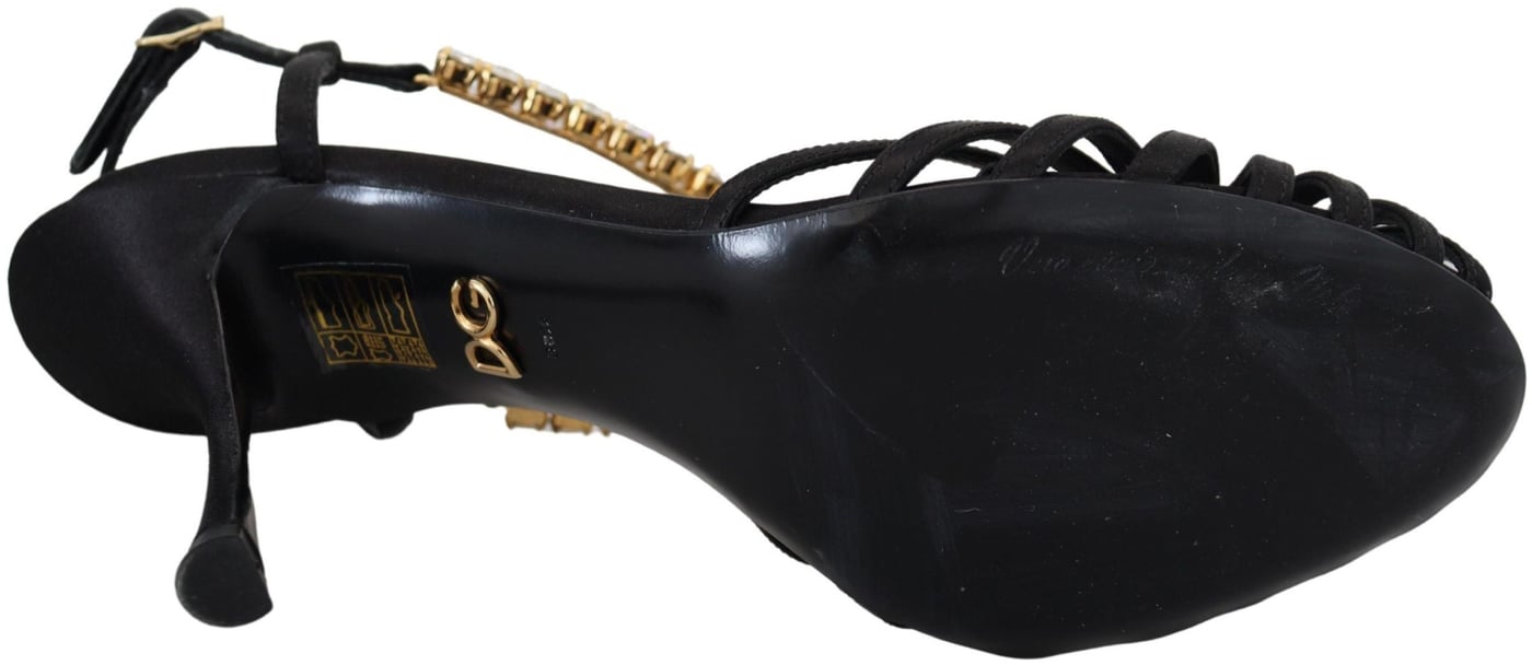 Dolce & Gabbana Black Satin Clear Crystal T-strap Sandal Shoes