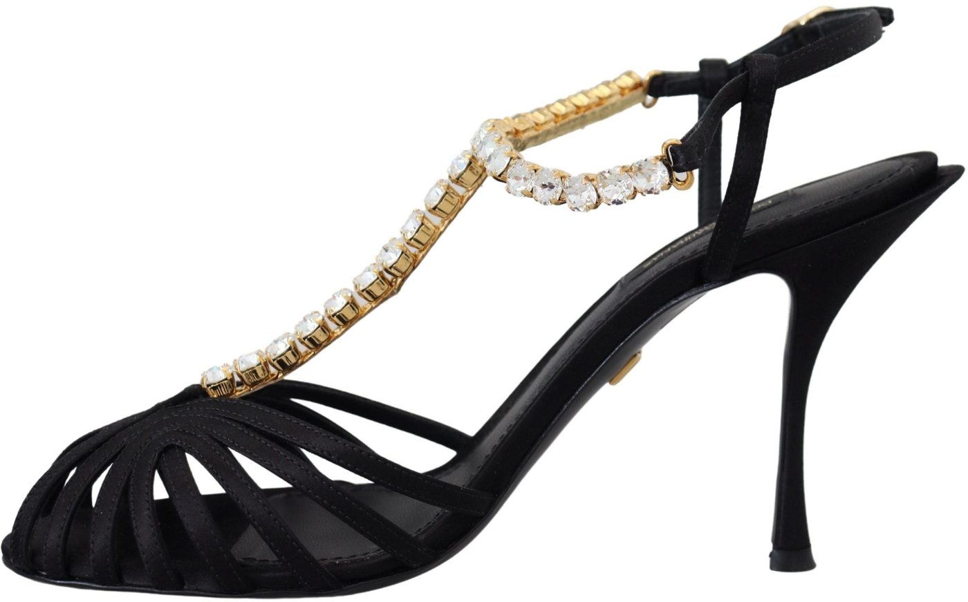 Dolce & Gabbana Black Satin Clear Crystal T-strap Sandal Shoes