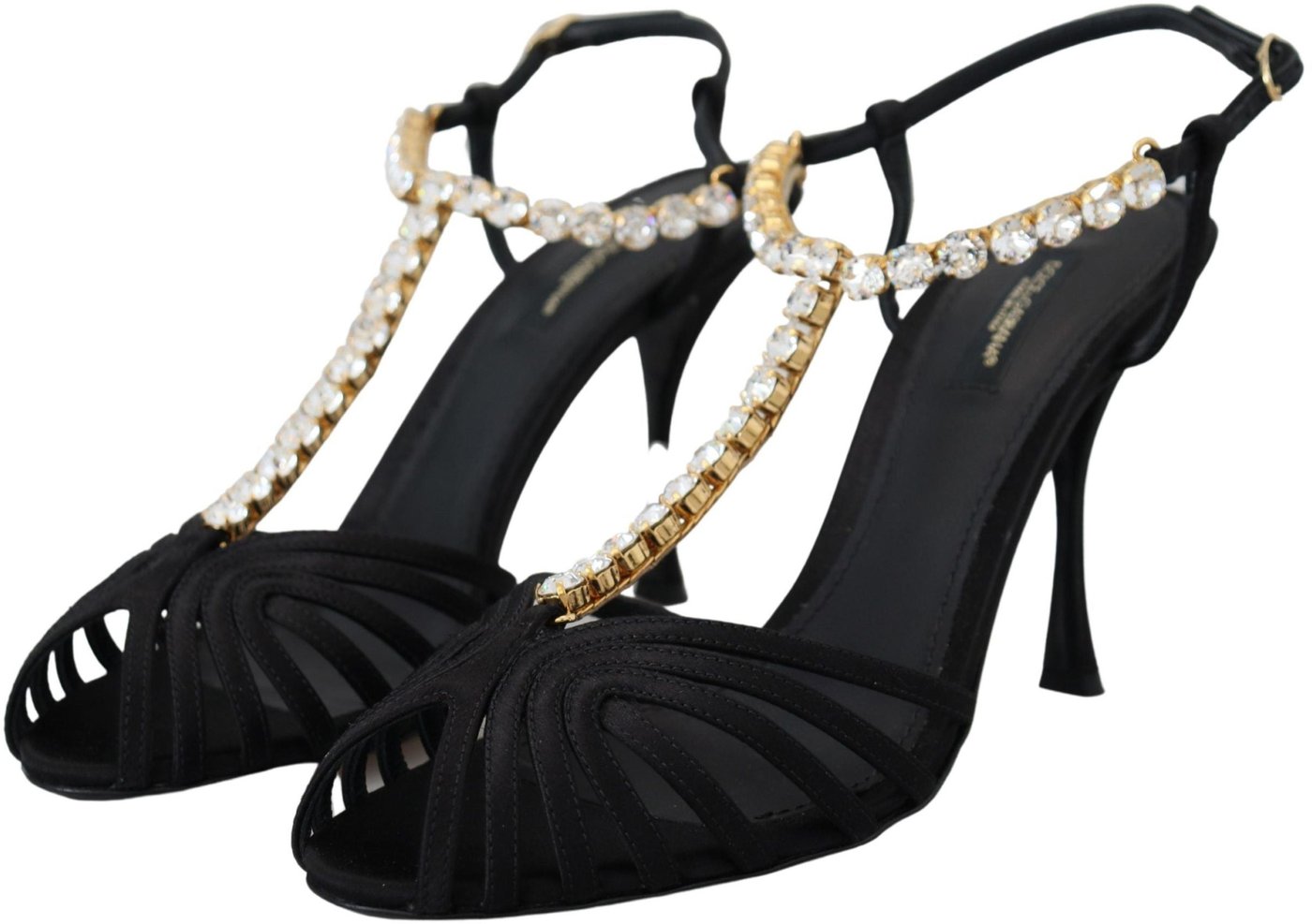 Dolce & Gabbana Black Satin Clear Crystal T-strap Sandal Shoes