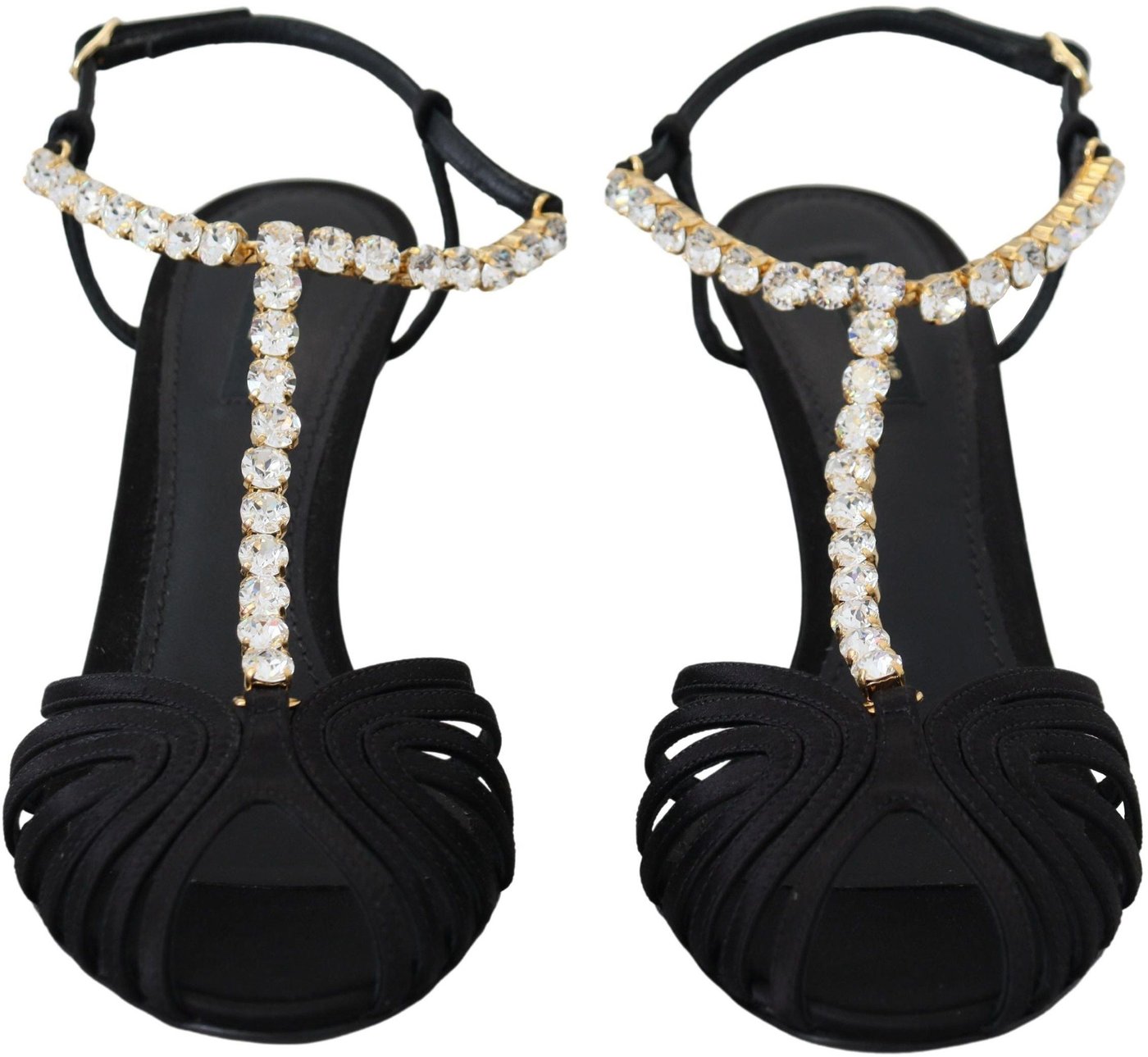 Dolce & Gabbana Black Satin Clear Crystal T-strap Sandal Shoes
