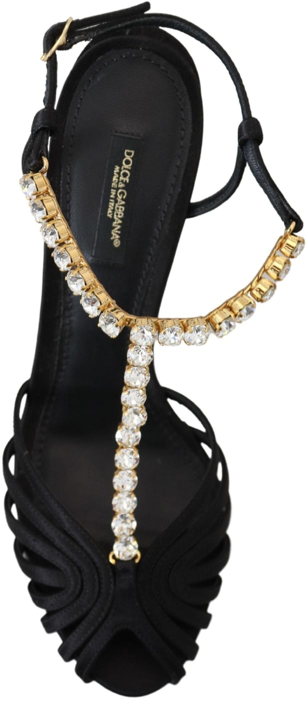 Dolce & Gabbana Black Satin Clear Crystal T-strap Sandal Shoes