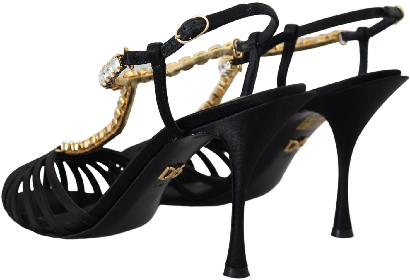 Dolce & Gabbana Black Satin Clear Crystal T-strap Sandal Shoes