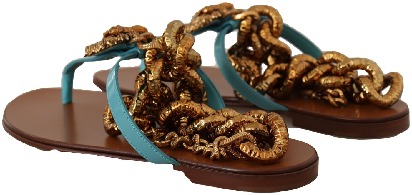 Dolce & Gabbana Blue Leather Devotion Flats Sandals