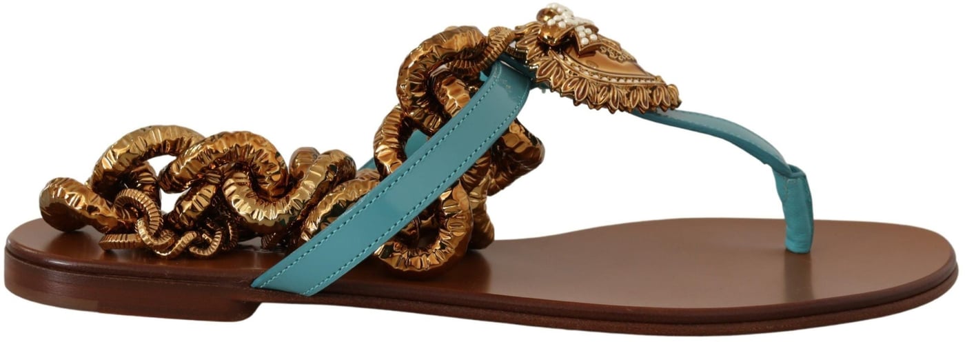 Dolce & Gabbana Blue Leather Devotion Flats Sandals
