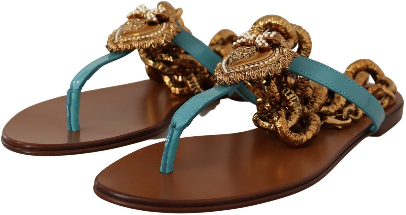 Dolce & Gabbana Blue Leather Devotion Flats Sandals