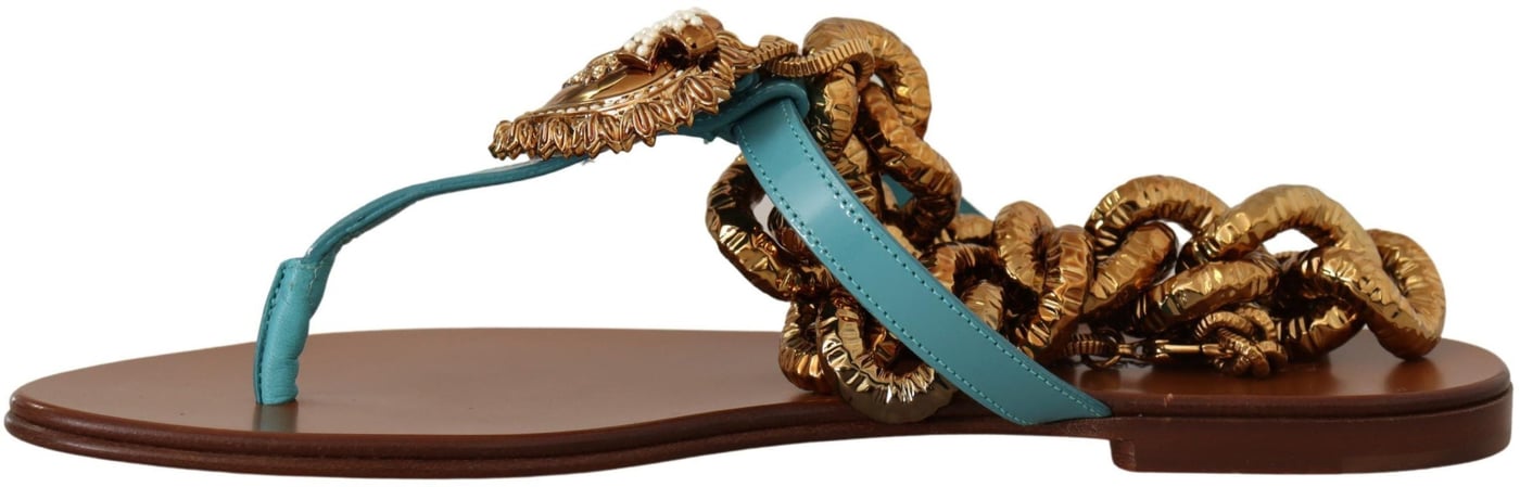 Dolce & Gabbana Blue Leather Devotion Flats Sandals