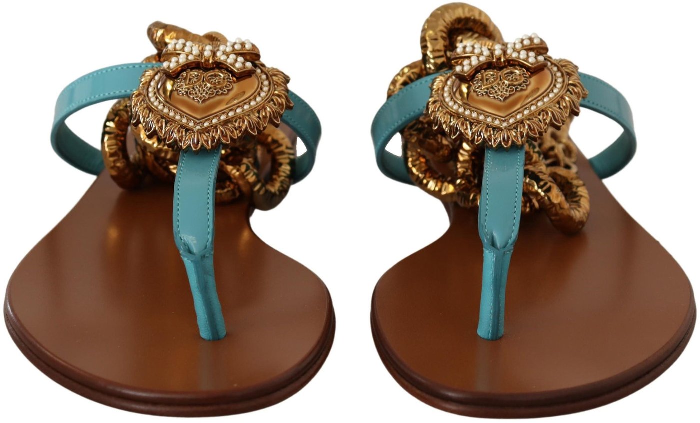 Dolce & Gabbana Blue Leather Devotion Flats Sandals
