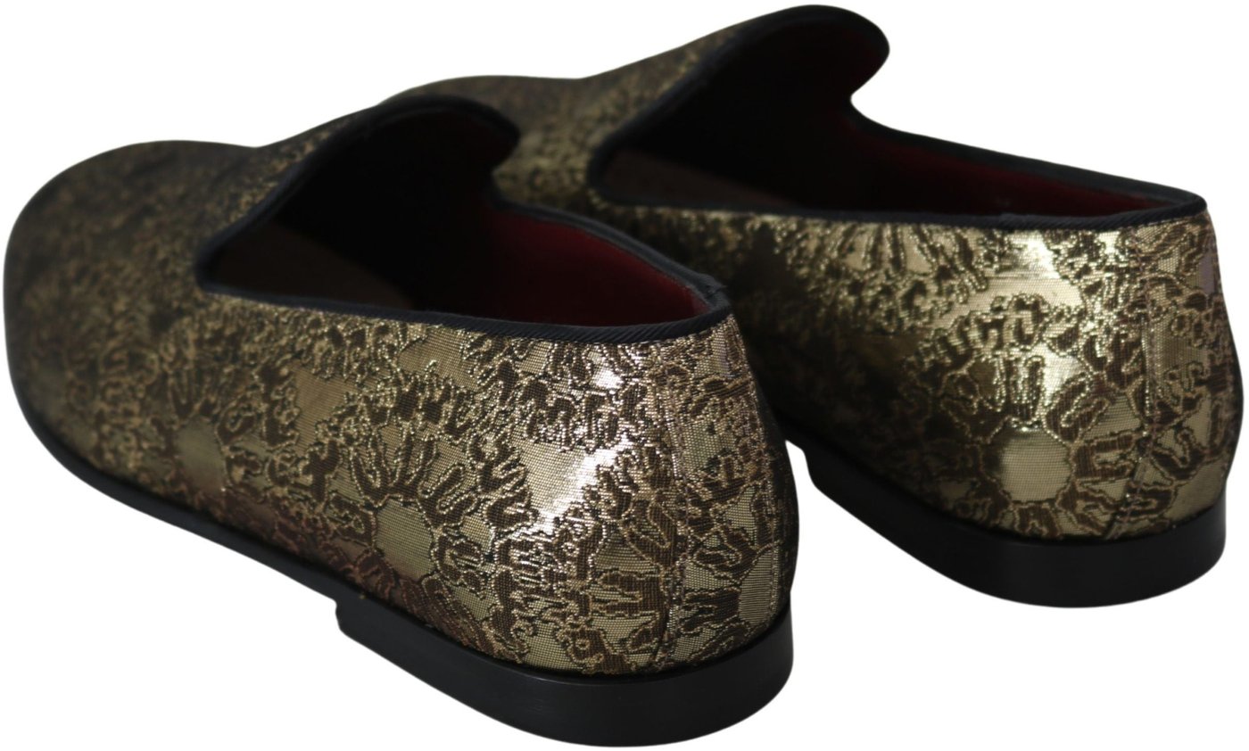 Dolce & Gabbana Gold Jacquard Flats Mens Loafers Shoes