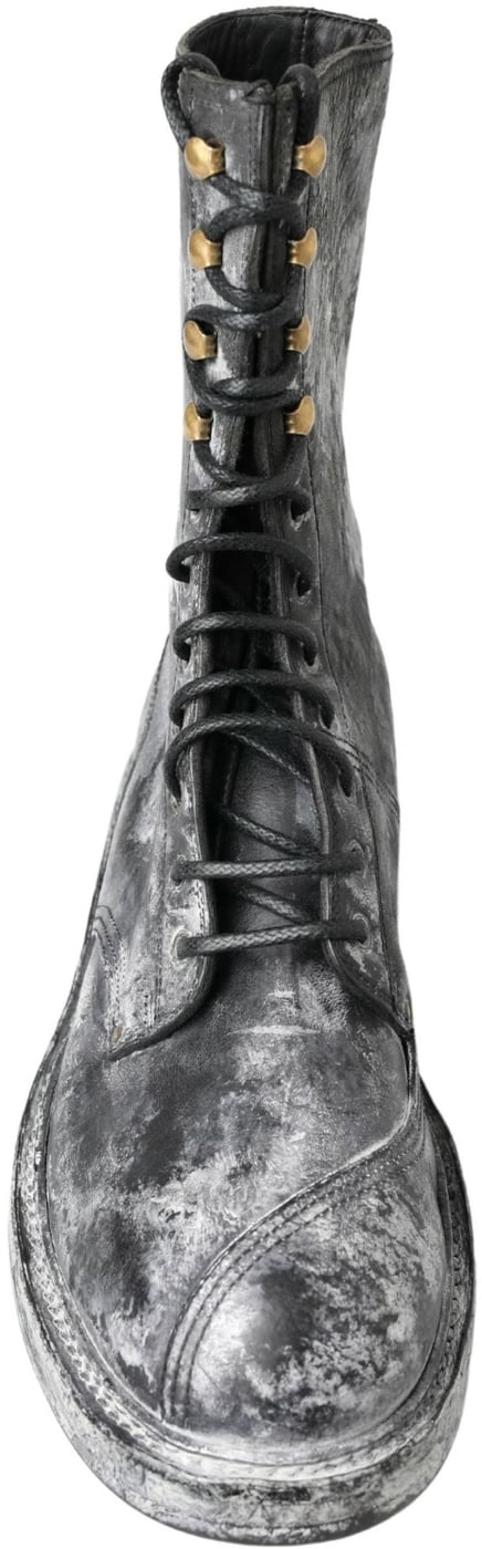 Dolce & Gabbana Black Gray Leather Mid Calf Boots Shoes