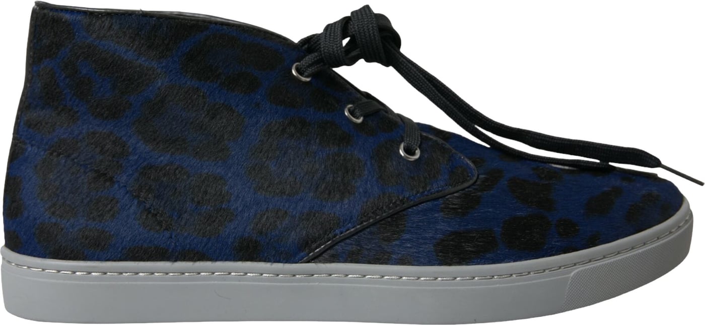 Dolce & Gabbana Blue Calfskin Leopard Mid Top Sneakers Shoes