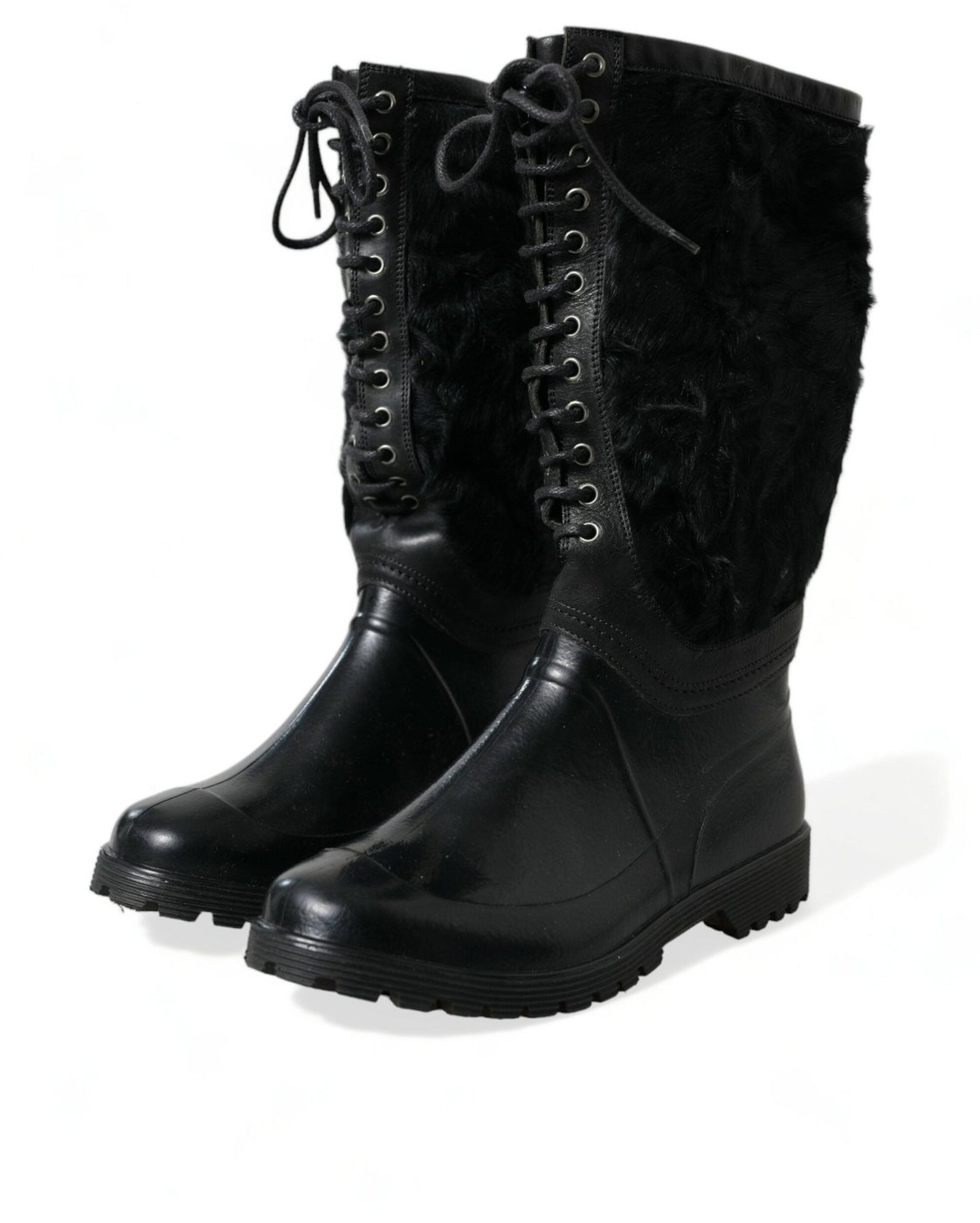 Dolce & Gabbana Black Rubber Lace Up Shearling Rain Boots Shoes