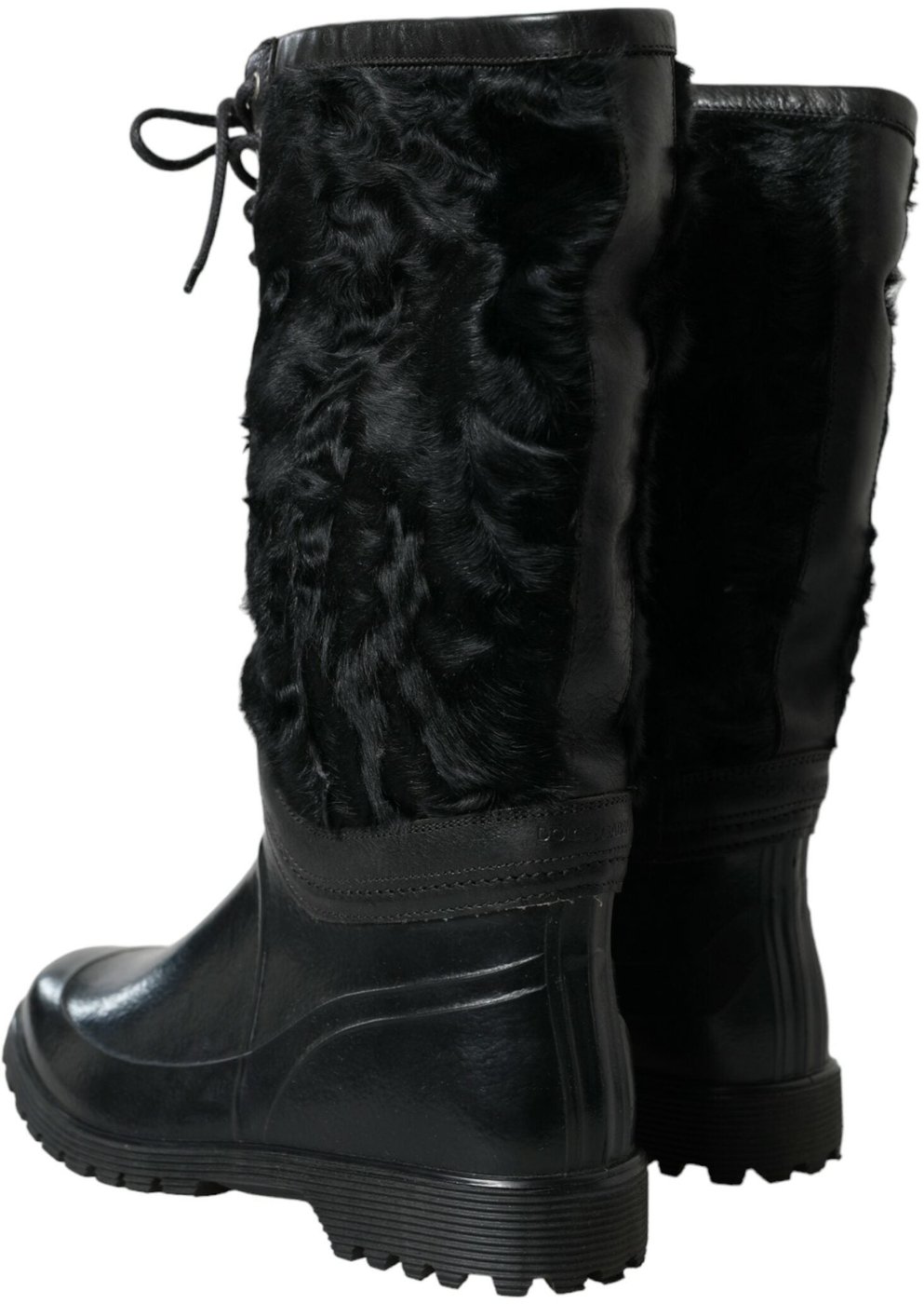 Dolce & Gabbana Black Rubber Lace Up Shearling Rain Boots Shoes