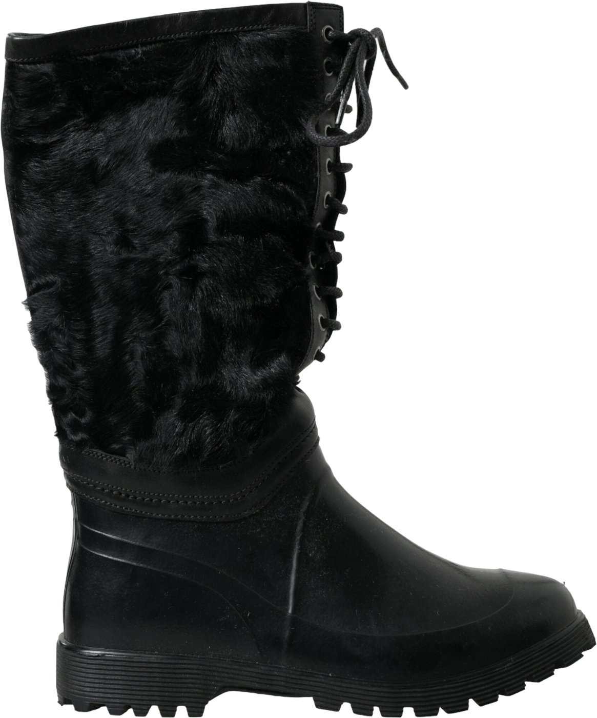 Dolce & Gabbana Black Rubber Lace Up Shearling Rain Boots Shoes