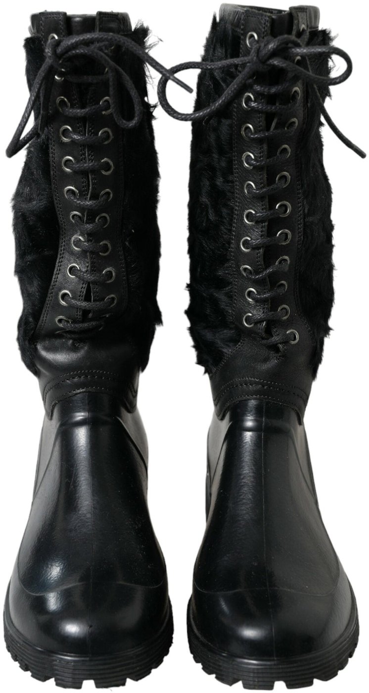 Dolce & Gabbana Black Rubber Lace Up Shearling Rain Boots Shoes