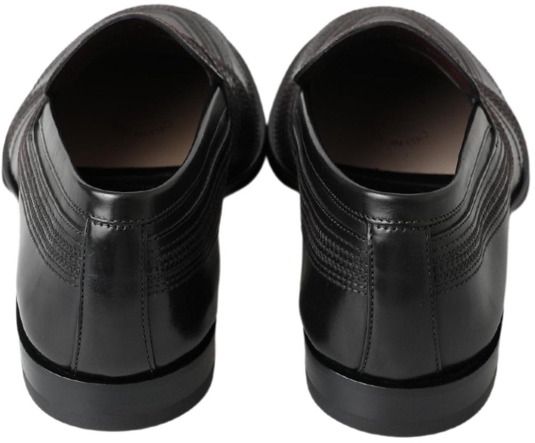 Dolce & Gabbana Black Leather Slipper Loafers Stitched Shoes