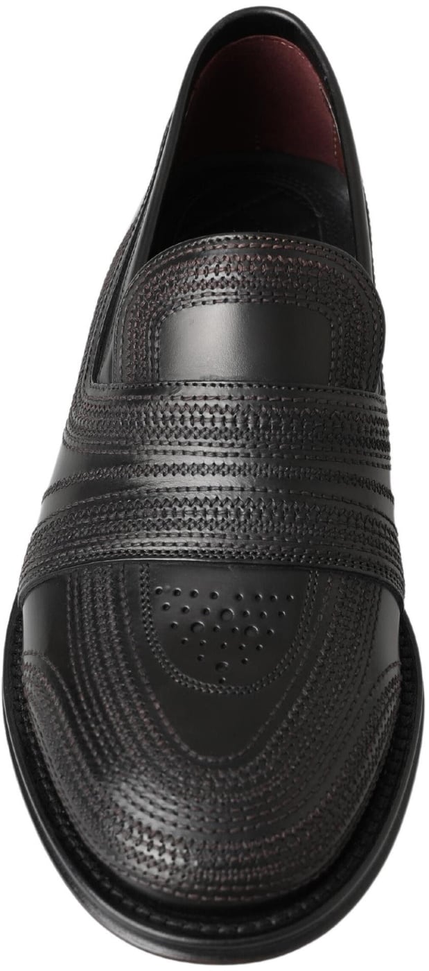 Dolce & Gabbana Black Leather Slipper Loafers Stitched Shoes