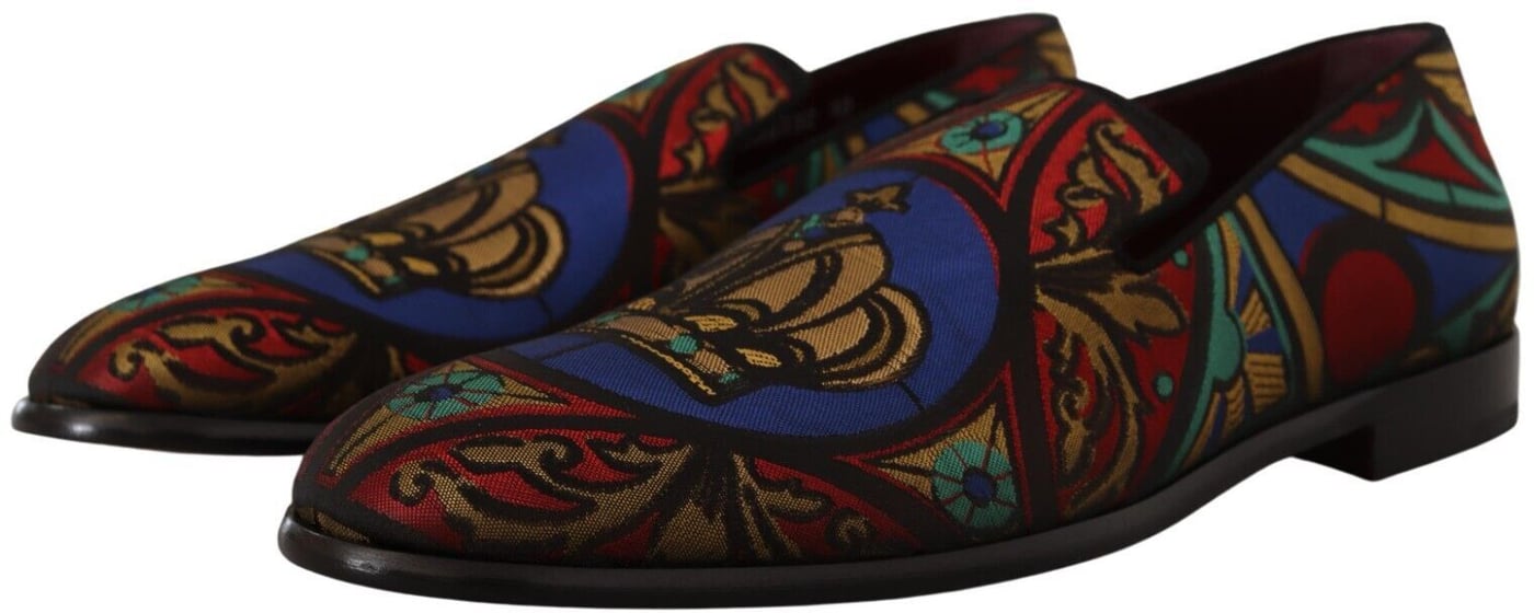 Dolce & Gabbana Multicolor Jacquard Crown Slippers Loafers Shoes
