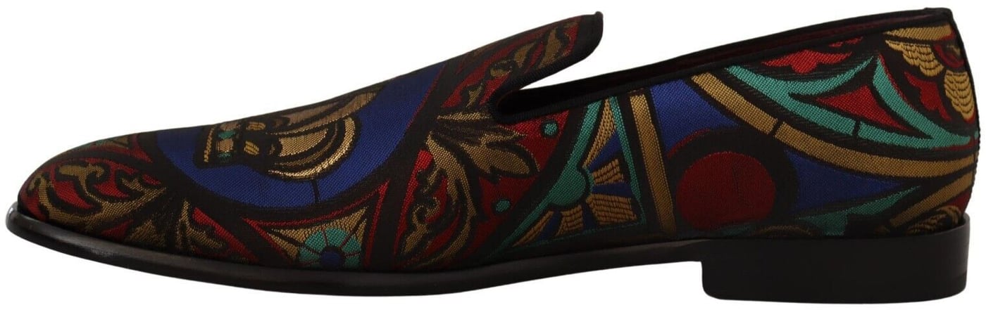 Dolce & Gabbana Multicolor Jacquard Crown Slippers Loafers Shoes