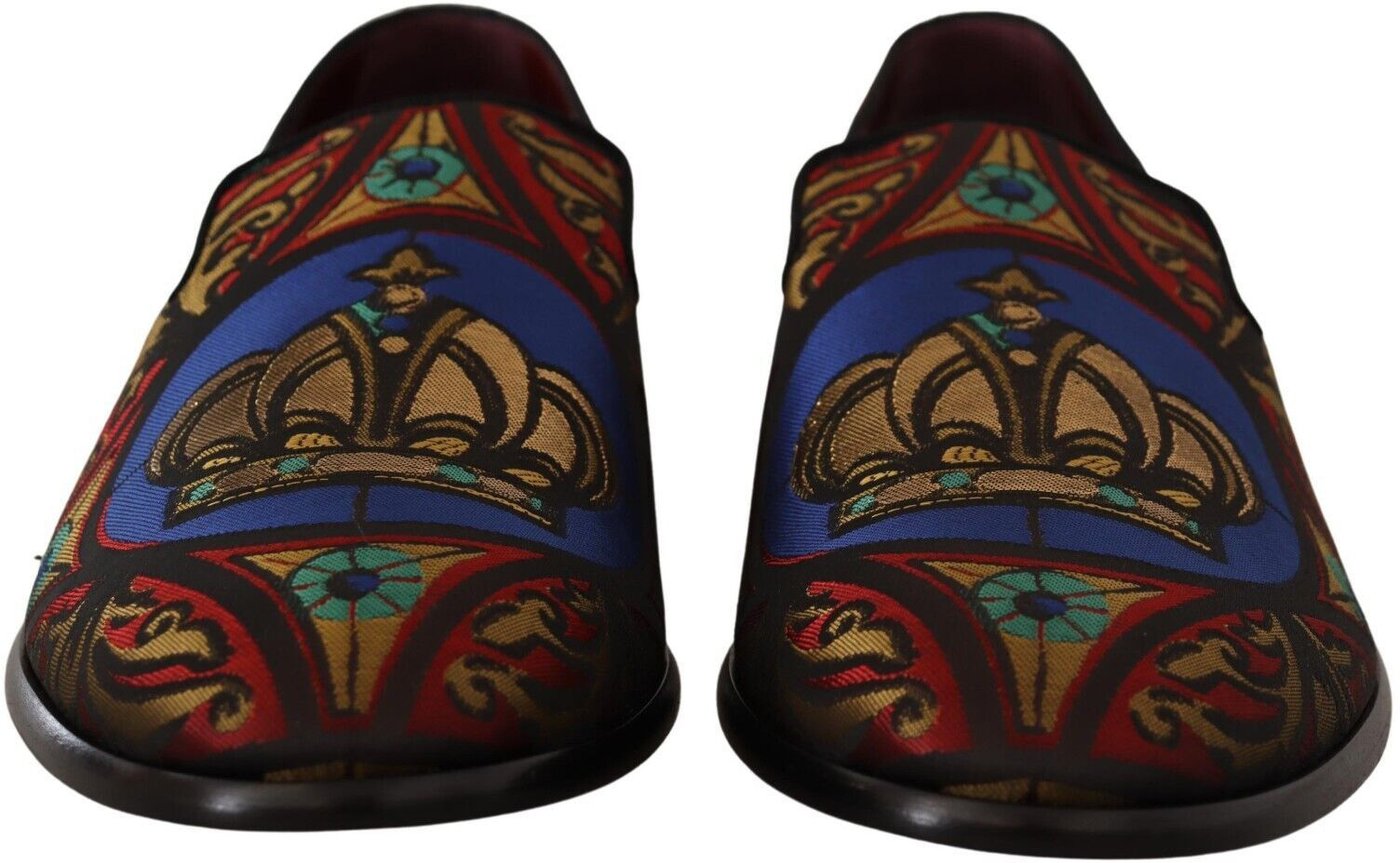 Dolce & Gabbana Multicolor Jacquard Crown Slippers Loafers Shoes