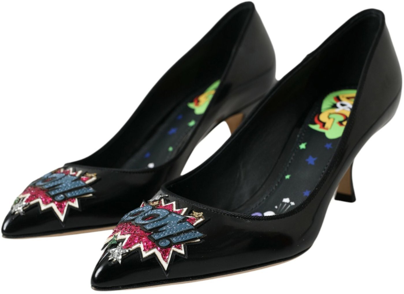 Dolce & Gabbana Black Leather BOOM Patch Heels Pumps Shoes