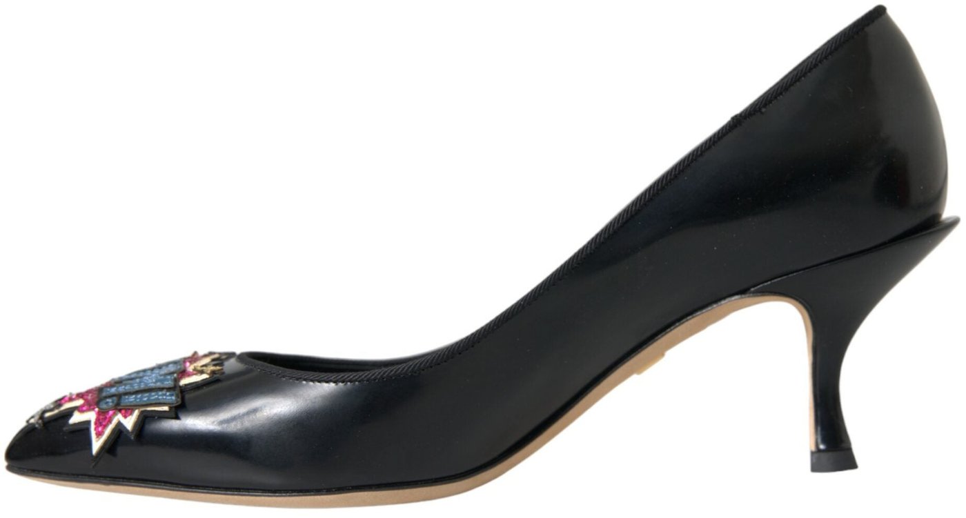 Dolce & Gabbana Black Leather BOOM Patch Heels Pumps Shoes