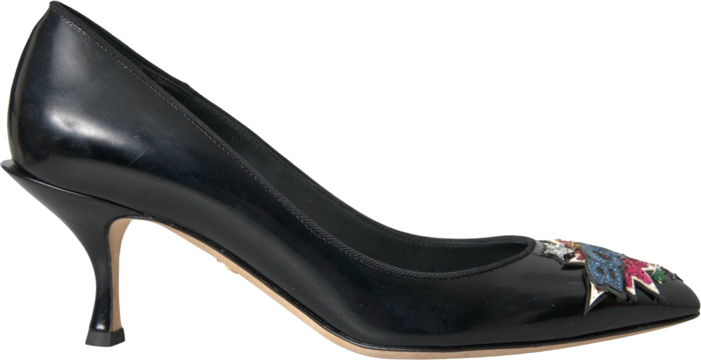 Dolce & Gabbana Black Leather BOOM Patch Heels Pumps Shoes