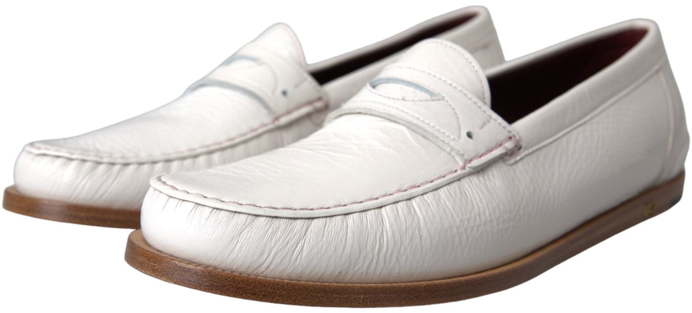 Dolce & Gabbana White Leather Slip On Mocassin Loafers Shoes