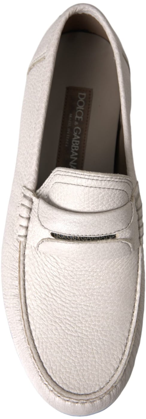 Dolce & Gabbana White Gray Leather Slip Mocassin Shoes Loafer
