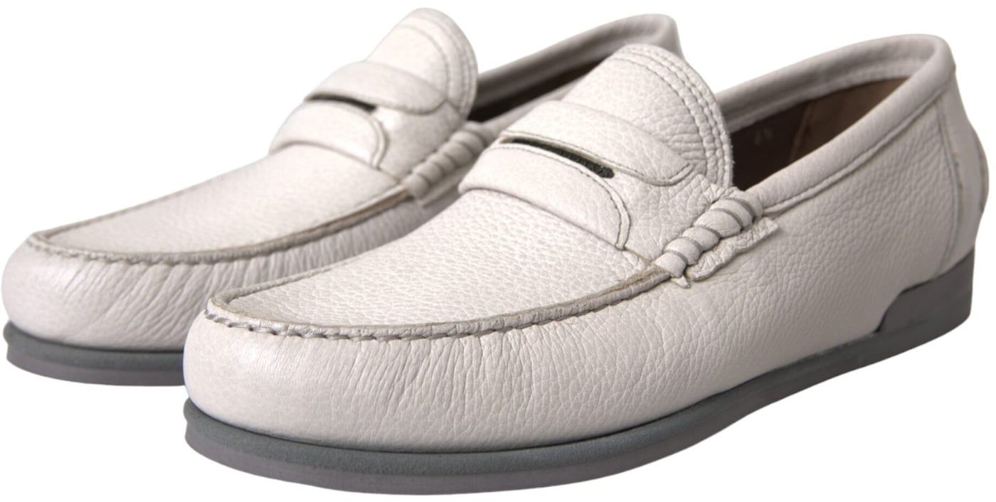 Dolce & Gabbana White Gray Leather Slip Mocassin Shoes Loafer