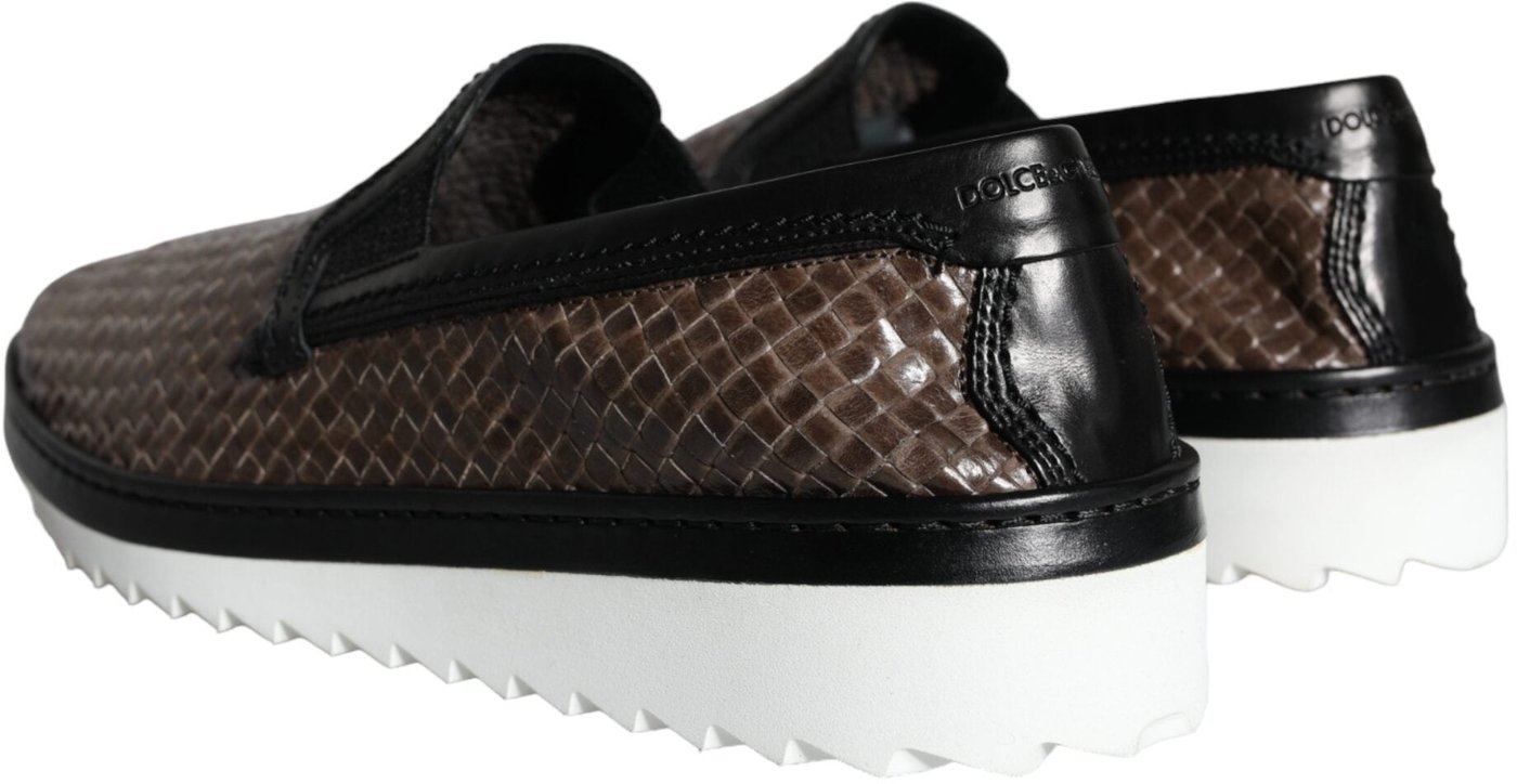 Dolce & Gabbana Brown Black Leather Weaved Men Loafers Shoes